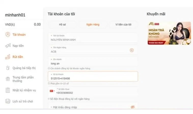 Rút Tiền AE888 Hướng Dẫn Nhanh Chóng Cho Người Chơi Mới Tham Gia 2 Giao diện rút tiền AE888